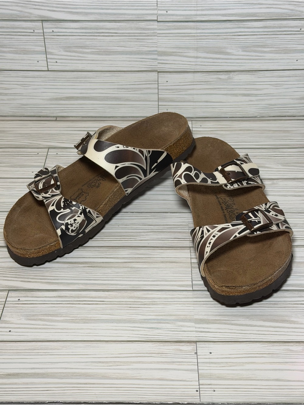 Birki’s Birkenstock Women 40 Two Strap Sandals Brown Cream Floral Germany